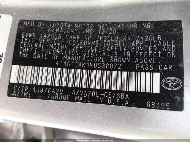Aukcja sprzedaży 2021 Toyota Camry Se, vin: 4T1G11AK1MU538072, numer aukcji: 45364817