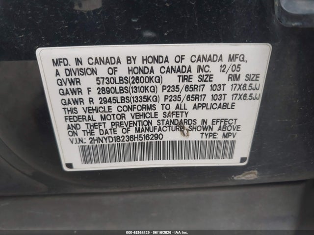 45364829 :رقم المزاد ، 2HNYD18236H516290 vin ، 2006 Acura Mdx مزاد بيع