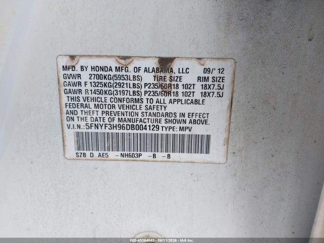 2013 Honda Pilot Touring მანქანა იყიდება აუქციონზე, vin: 5FNYF3H96DB004129, აუქციონის ნომერი: 45364843