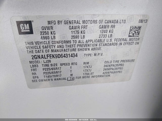 45364856 :رقم المزاد ، 2GNALFEK9D6431434 vin ، 2013 Chevrolet Equinox Ltz مزاد بيع