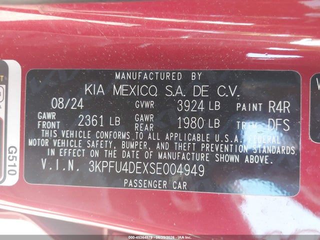2025 Kia K4 Ex მანქანა იყიდება აუქციონზე, vin: 3KPFU4DEXSE004949, აუქციონის ნომერი: 45364879