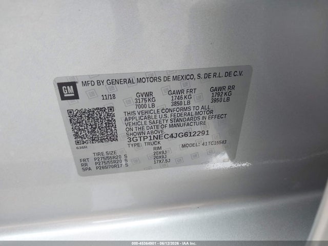 45364901 :رقم المزاد ، 3GTP1NEC4JG612291 vin ، 2018 Gmc Sierra 1500 Slt مزاد بيع