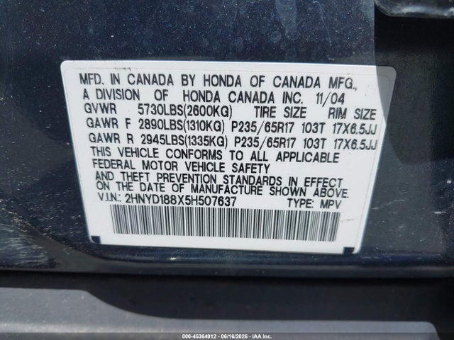 Aukcja sprzedaży 2005 Acura Mdx, vin: 2HNYD188X5H507637, numer aukcji: 45364912