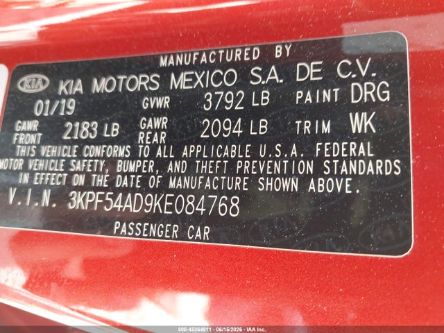 45364911 :رقم المزاد ، 3KPF54AD9KE084768 vin ، 2019 Kia Forte Ex مزاد بيع