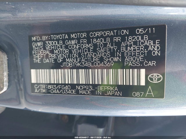 2011 Toyota Yaris მანქანა იყიდება აუქციონზე, vin: JTDBT9K34BL004369, აუქციონის ნომერი: 45364917