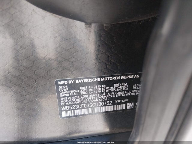 2025 Bmw Ix Xdrive50 მანქანა იყიდება აუქციონზე, vin: WB523CF03SCU80752, აუქციონის ნომერი: 45364930