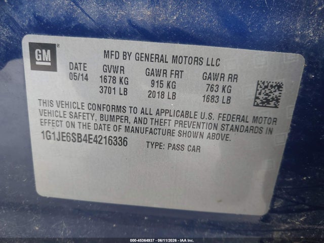 45364937 :رقم المزاد ، 1G1JE6SB4E4216336 vin ، 2014 Chevrolet Sonic Ltz Auto مزاد بيع