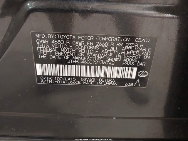 45364963 :رقم المزاد ، JTHBJ46G072136742 vin ، 2007 Lexus Es 350 مزاد بيع