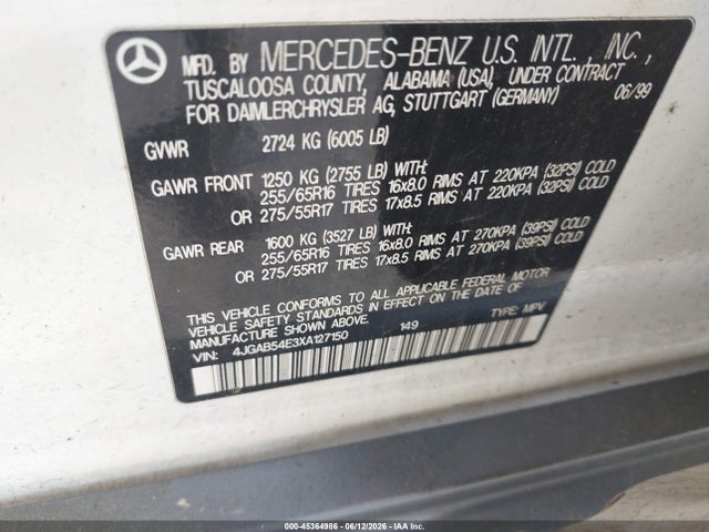 1999 Mercedes-benz Ml 320 მანქანა იყიდება აუქციონზე, vin: 4JGAB54E3XA127150, აუქციონის ნომერი: 45364986