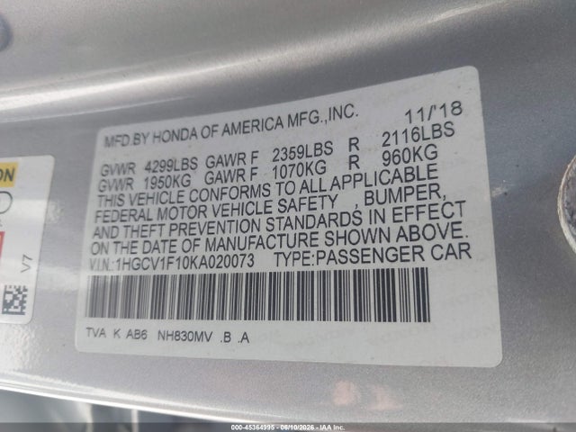 Honda ACCORD LX 2019 1HGCV1F10KA020073 Image 9