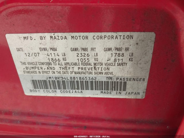 Продаж на аукціоні авто 2008 Mazda Mazdaspeed3 Sport, vin: JM1BK34L881865362, номер лоту: 45365021