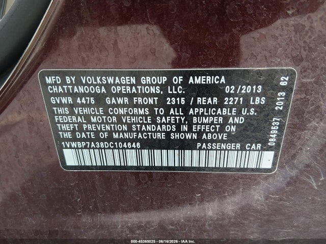 2013 Volkswagen Passat 2.5l Se მანქანა იყიდება აუქციონზე, vin: 1VWBP7A38DC104646, აუქციონის ნომერი: 45365025