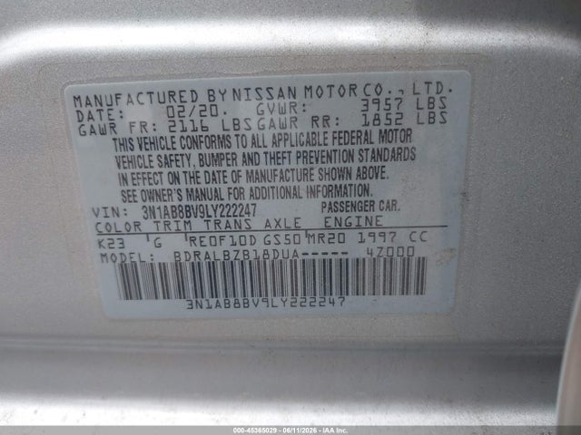 Aukcja sprzedaży 2020 Nissan Sentra S Xtronic Cvt, vin: 3N1AB8BV9LY222247, numer aukcji: 45365029