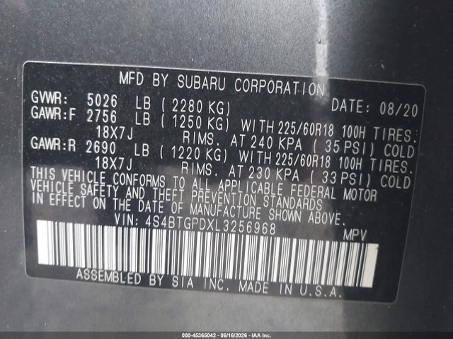 2020 Subaru Outback Touring Xt მანქანა იყიდება აუქციონზე, vin: 4S4BTGPDXL3256968, აუქციონის ნომერი: 45365042