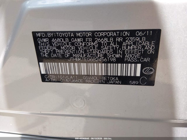 Продажа на аукционе авто 2011 Lexus Es 350, vin: JTHBK1EG6B2456198, номер лота: 45365045