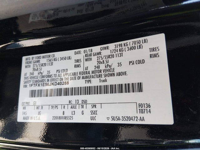 2018 Ford F-150 Xl მანქანა იყიდება აუქციონზე, vin: 1FTFX1E56JKD40288, აუქციონის ნომერი: 45365052