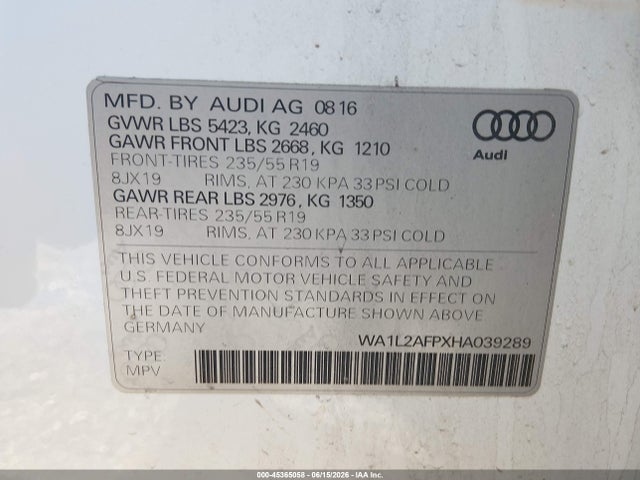 Продажа на аукционе авто 2017 Audi Q5 2.0t Premium, vin: WA1L2AFPXHA039289, номер лота: 45365058