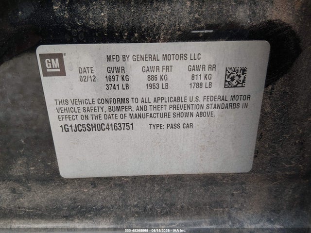 45365065 :رقم المزاد ، 1G1JC5SH0C4163751 vin ، 2012 Chevrolet Sonic 2lt مزاد بيع