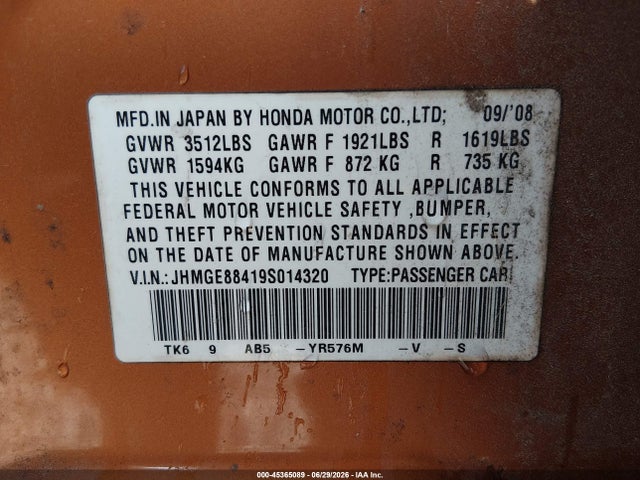 Auction sale of the 2009 Honda Fit Sport, vin: JHMGE88419S014320, lot number: 45365089