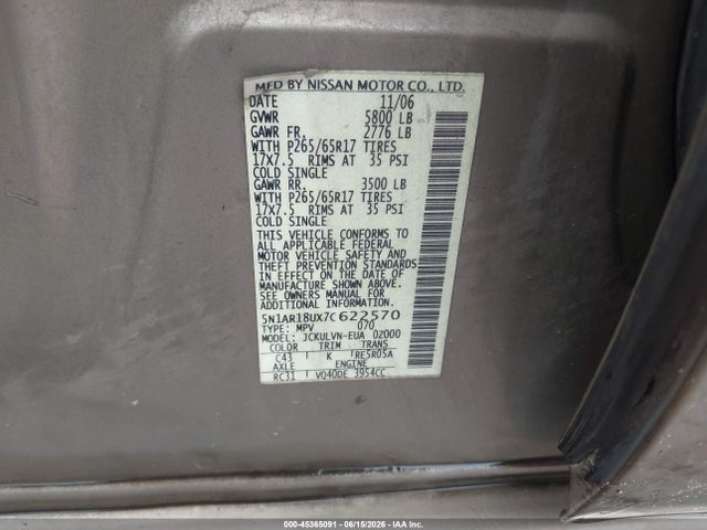 Продаж на аукціоні авто 2007 Nissan Pathfinder Le, vin: 5N1AR18UX7C622570, номер лоту: 45365091