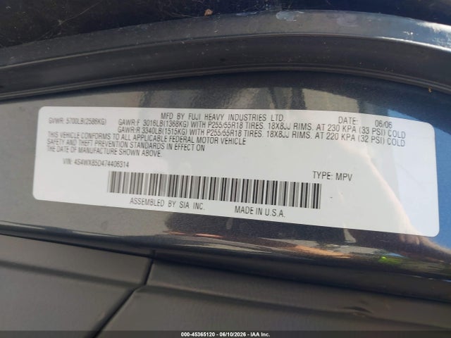 2007 Subaru B9 Tribeca Limited 7-passenger მანქანა იყიდება აუქციონზე, vin: 4S4WX85D474406314, აუქციონის ნომერი: 45365120