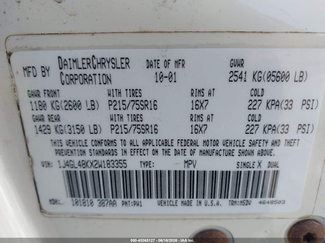 Aukcja sprzedaży 2002 Jeep Liberty Sport, vin: 1J4GL48KX2W183355, numer aukcji: 45365127