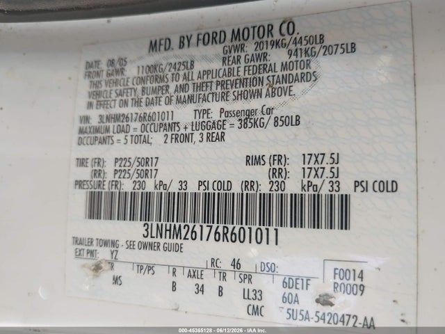 45365128 :رقم المزاد ، 3LNHM26176R601011 vin ، 2006 Lincoln Zephyr مزاد بيع