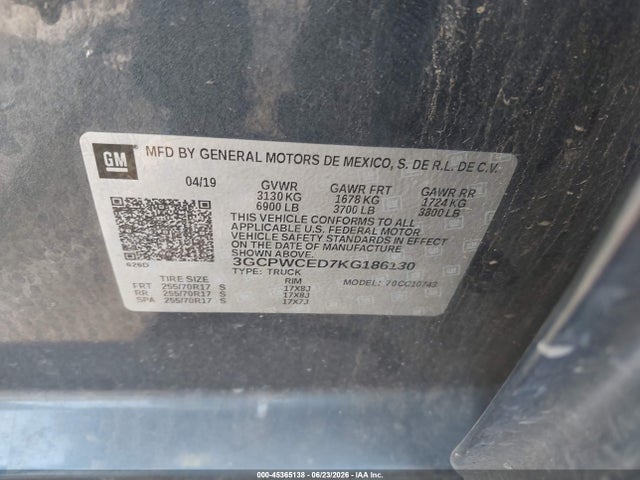3GCPWCED7KG186130 Chevrolet Silverado 1500 Lt
