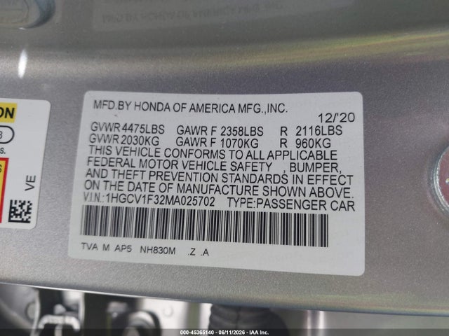 Auction sale of the 2021 Honda Accord Sport, vin: 1HGCV1F32MA025702, lot number: 45365140
