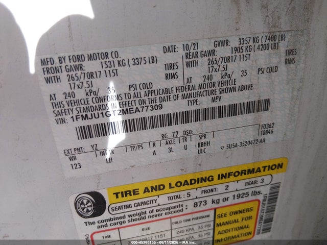 2021 Ford Expedition Xl მანქანა იყიდება აუქციონზე, vin: 1FMJU1GT2MEA77309, აუქციონის ნომერი: 45365155