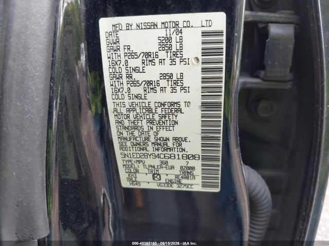 Продажа на аукционе авто 2004 Nissan Xterra Xe, vin: 5N1ED28Y94C681808, номер лота: 45365160