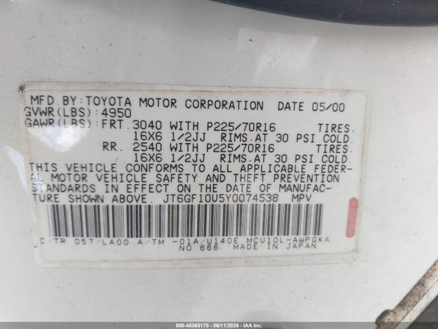 Aukcja sprzedaży 2000 Lexus Rx 300, vin: JT6GF10U5Y0074538, numer aukcji: 45365170