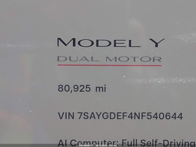 45365178 :رقم المزاد ، 7SAYGDEF4NF540644 vin ، 2022 Tesla Model Y Performance Dual Motor All-wheel Drive مزاد بيع