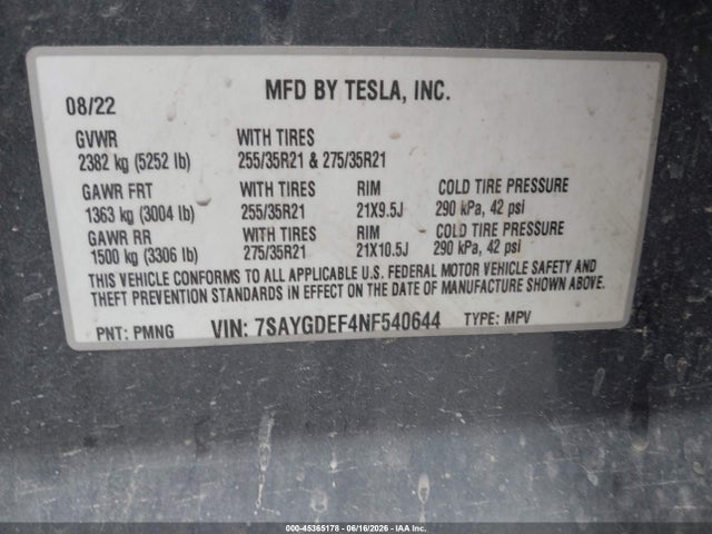 45365178 :رقم المزاد ، 7SAYGDEF4NF540644 vin ، 2022 Tesla Model Y Performance Dual Motor All-wheel Drive مزاد بيع