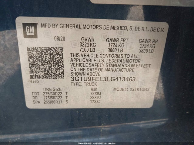 45365191 :رقم المزاد ، 3GTU9FEL3LG413463 vin ، 2020 Gmc Sierra 1500 4wd  Short Box Denali مزاد بيع