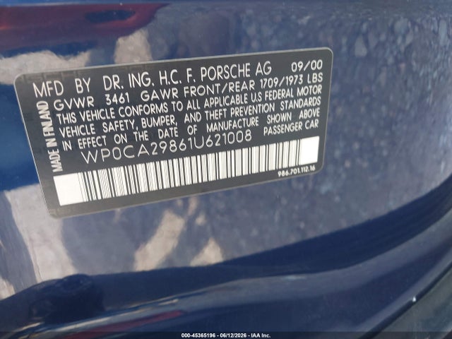 Aukcja sprzedaży 2001 Porsche Boxster, vin: WP0CA29861U621008, numer aukcji: 45365196