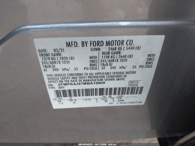 Ford EDGE SEL 2021 2FMPK4J97MBA10909 Image 9