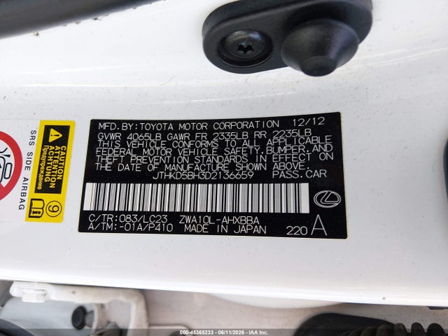 Aukcja sprzedaży 2013 Lexus Ct 200h, vin: JTHKD5BH3D2136659, numer aukcji: 45365233