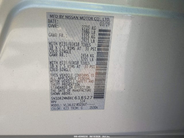 Aukcja sprzedaży 2019 Nissan Pathfinder Sv, vin: 5N1DR2MN8KC618527, numer aukcji: 45365235