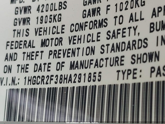 45365244 :رقم المزاد ، 1HGCR2F38HA291855 vin ، 2017 Honda Accord Lx مزاد بيع