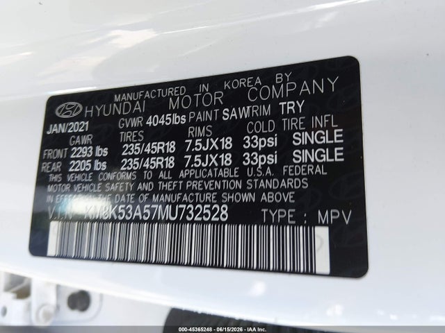 Auction sale of the 2021 Hyundai Kona Ultimate, vin: KM8K53A57MU732528, lot number: 45365248