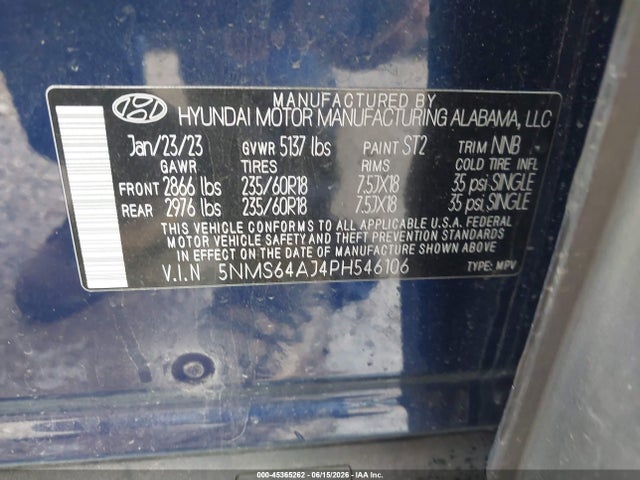 2023 Hyundai Santa Fe Xrt მანქანა იყიდება აუქციონზე, vin: 5NMS64AJ4PH546106, აუქციონის ნომერი: 45365262