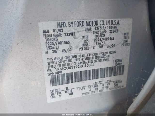 Aukcja sprzedaży 2002 Ford Escape Xls, vin: 1FMCU01192KC10334, numer aukcji: 45365265