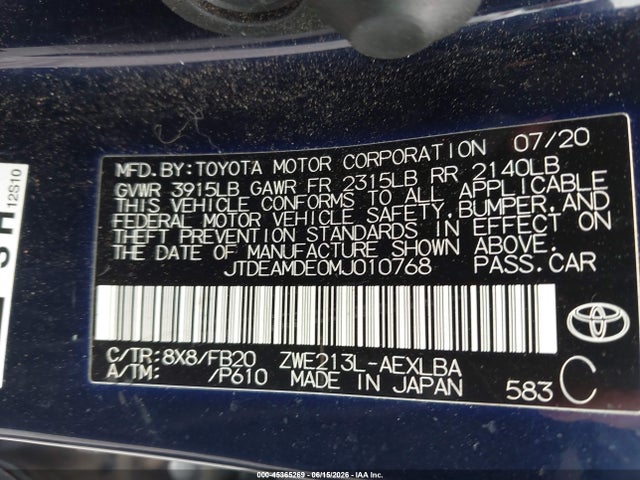 JTDEAMDE0MJ010768 Toyota Corolla Hybrid Le
