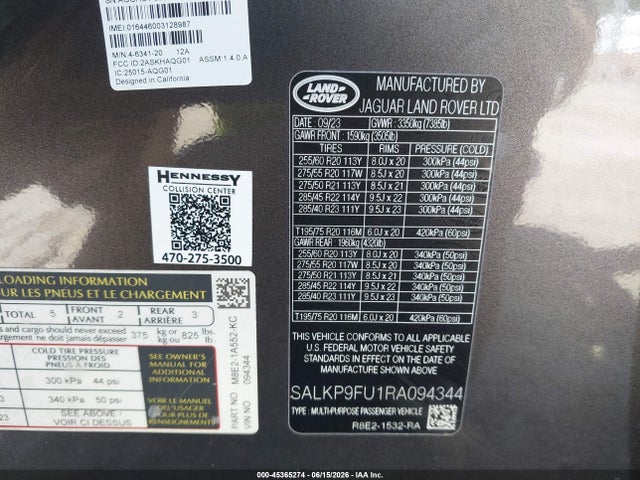 45365274 :رقم المزاد ، SALKP9FU1RA094344 vin ، 2024 Land Rover Range Rover P400 Se مزاد بيع
