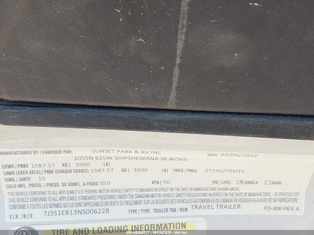 45365277 :رقم المزاد ، 7J3S1EB13NS006228 vin ، 2022 Sunray Motorhome مزاد بيع