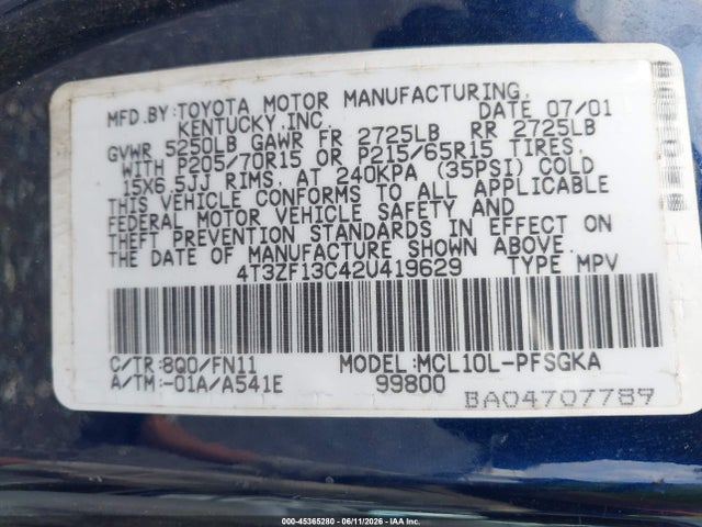 2002 Toyota Sienna Le მანქანა იყიდება აუქციონზე, vin: 4T3ZF13C42U419629, აუქციონის ნომერი: 45365280