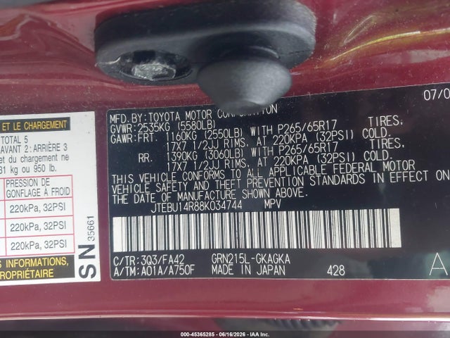 Aukcja sprzedaży 2008 Toyota 4runner Sr5 V6, vin: JTEBU14R88K034744, numer aukcji: 45365285