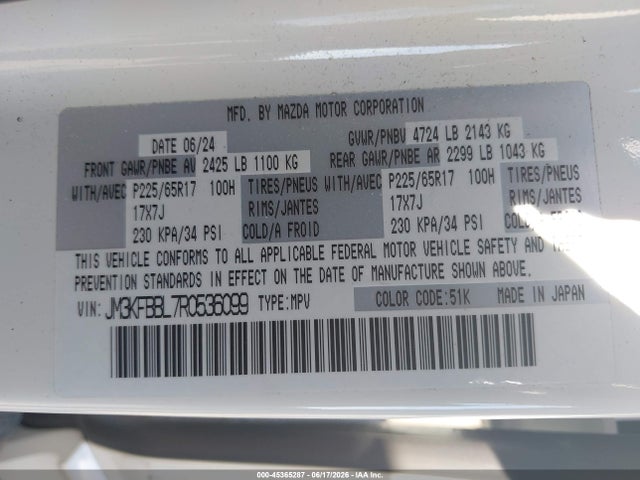 Aukcja sprzedaży 2024 Mazda Cx-5 2.5 S Select, vin: JM3KFBBL7R0536099, numer aukcji: 45365287
