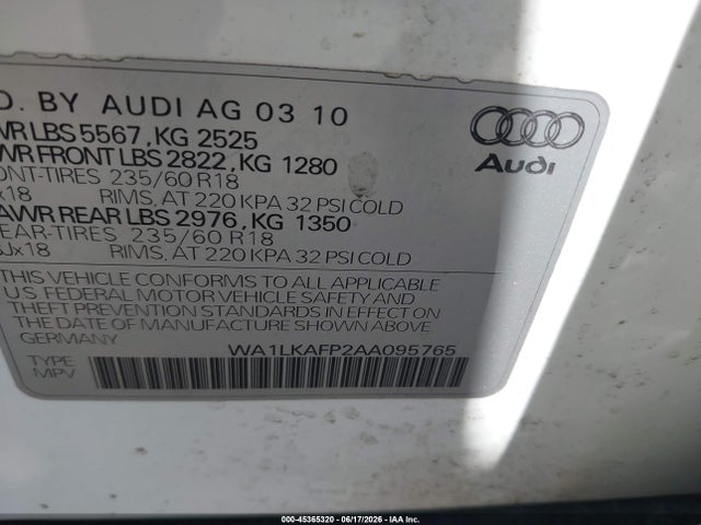 Продажа на аукционе авто 2010 Audi Q5 3.2 Premium, vin: WA1LKAFP2AA095765, номер лота: 45365320